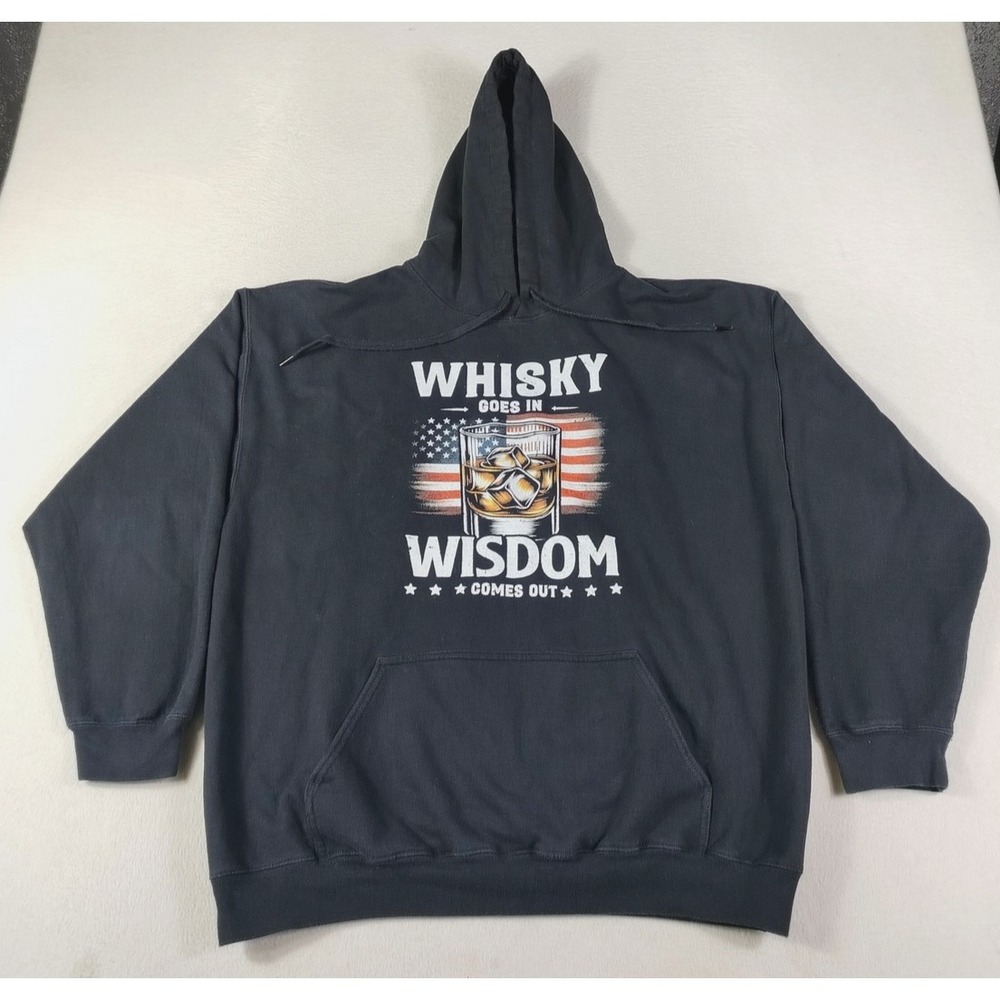 Gildan Hoodie Sweatshirt Mens XL Black Whisky Wisdom USA Flag Graphic Fleece